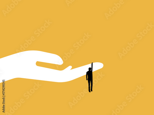 giant hand helps a businessman who is about to fall