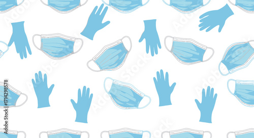 A seamless illustrated pattern of light blue medical face masks and protective gloves.