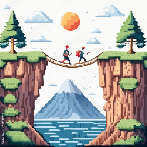 Retro 8-bit pixel art of a challenging hiking adventure, with two explorers crossing a rope bridge over a scenic canyon