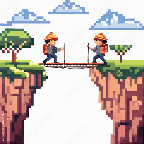 Two pixel art adventurers embark on a challenging hiking journey, crossing a rickety rope bridge over a deep chasm in a vibrant, retro-inspired digital landscape