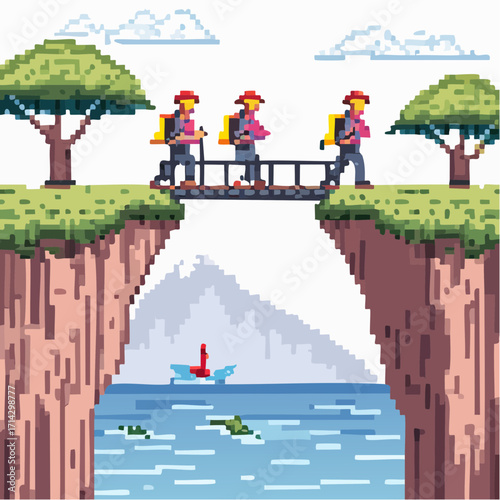 Pixel art scene of a courageous hiking team crossing a perilous bridge on an epic mountain adventure
