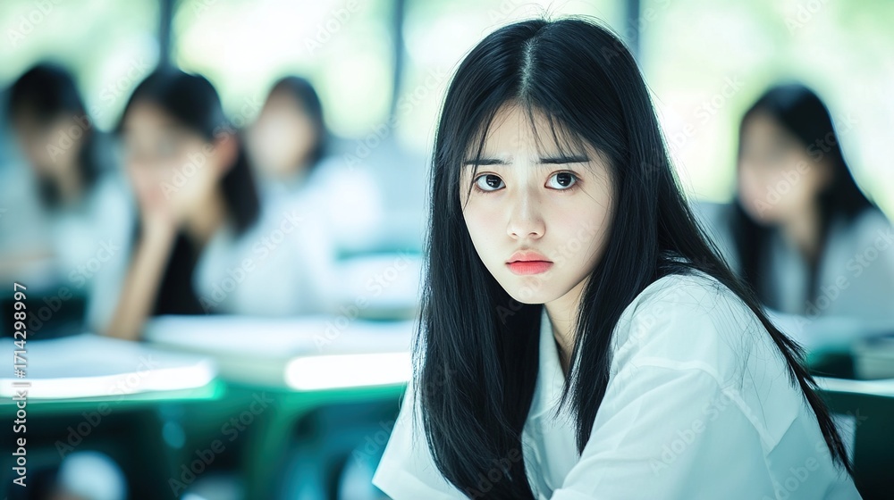 Fototapeta premium A student's anxious expression captured in a classroom setting with soft natural light highlighting their face. 