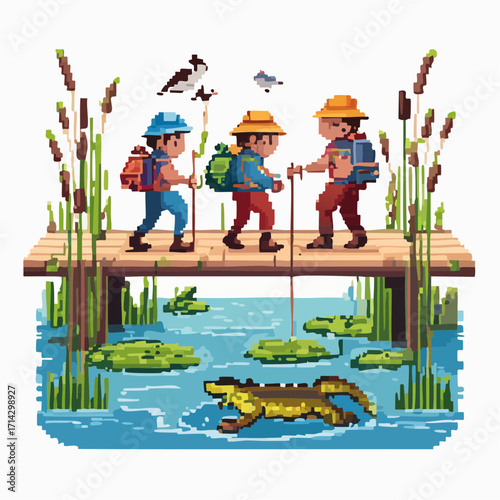 Charming pixel art illustration of young adventurers on a nature hiking expedition, traversing a wooden bridge over a lily pad-filled pond, encountering wild creatures