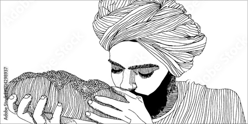 Black and white line art of baker savoring fresh bread