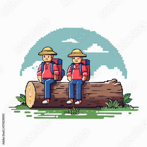 Pixelated Hiking Buddies Two Hikers Resting on a Log in a Charming Pixel Art Style