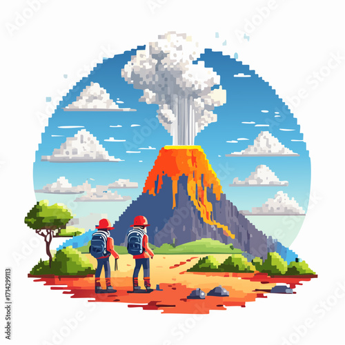 Pixel Art Hiking Adventure Volcano Eruption