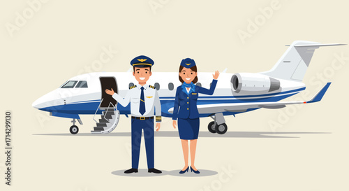 Vector illustration of a pilot and flight attendant with an airport runway and airplane in the background