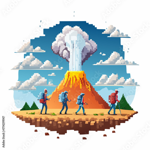 Adventurous pixel art depiction of hikers embarking on an epic journey across a unique floating landscape towards a dynamic, erupting volcano