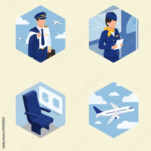 A pilot, flight attendant, airplane and chair, vector illustration design