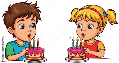 Cartoon children blowing candles, birthday celebration, pink cake, joyful moment, party scene, colorful illustration, happy kids, festive mood, candles, dessert