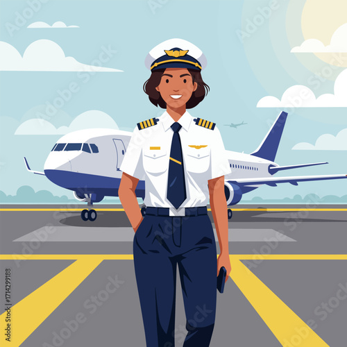 Vector illustration of a woman pilot with an airport runway and airplane in the background