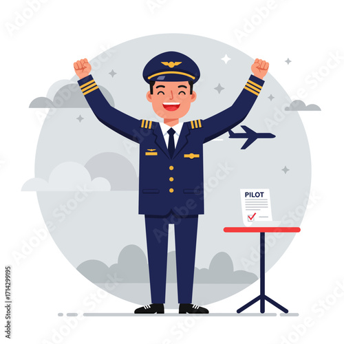 Vector illustration of a pilot happily receiving his pilot's license