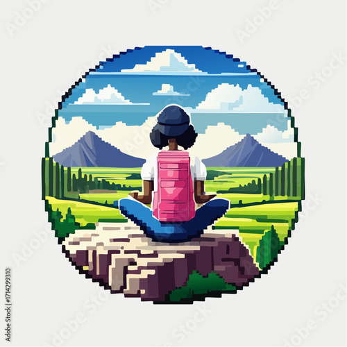 Pixel art of a woman meditating on a rock after hiking, overlooking a scenic valley with mountains, representing tranquility and solo travel