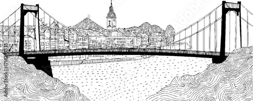 Black and white line art of a bridge with scenic background for artistic design