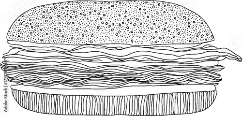 Black and white line art of a classic burger design for print and decor