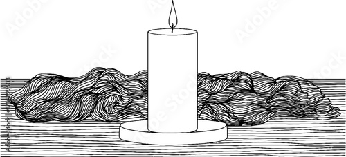Elegant black and white line art of candle with waves - perfect for decor and design