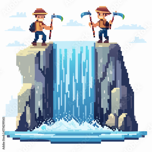 Pixelated adventurers embarking on a challenging hiking journey, standing triumphantly atop a majestic waterfall in a retro game art style