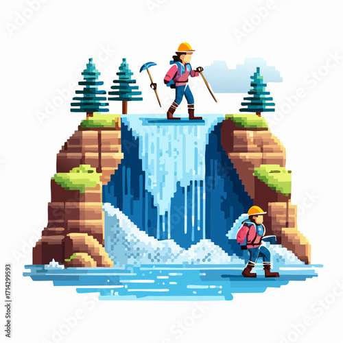 Pixelated Hiking Adventure Conquering Waterfalls in a Retro-Style Landscape