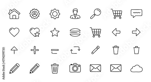 Essential UI/UX Line Icons: Home, Settings, Search, Cart & More