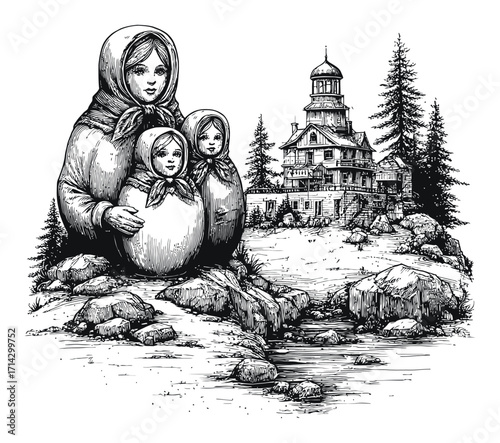 Hand-Drawn Engraving of Matryoshka Dolls by a House and Natural Landscape