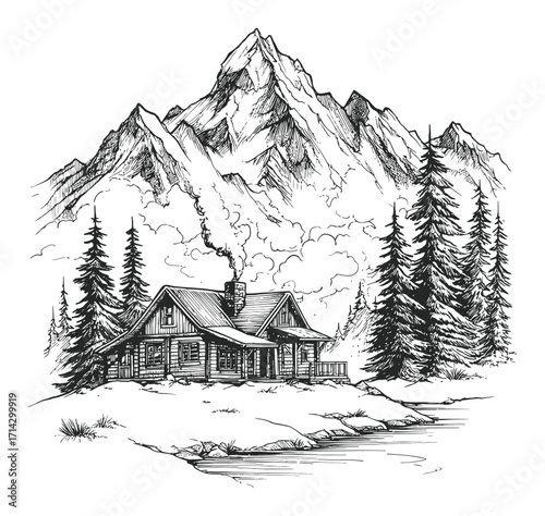 Hand-Drawn Engraving of Mountain Cabin Surrounded by Nature Elements