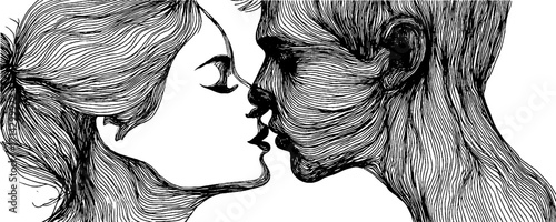 Black and white line art of couple kissing - romantic outline illustration for modern decor