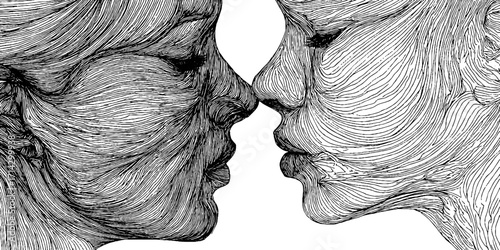 Abstract black and white line art of a couple kissing - contemporary minimalist design for posters and decor