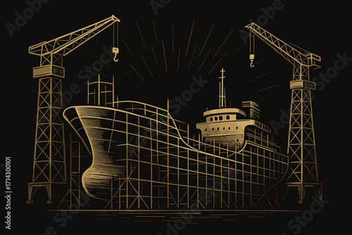 Shipbuilding Illustration – Vintage Shipyard with Cranes and Vessel Construction

25 ключових слів через кому: