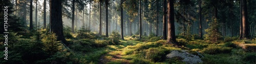 A peaceful morning light filters through a dense green forest, creating a serene and calming nature scene with towe trees and lush undergrowth below.