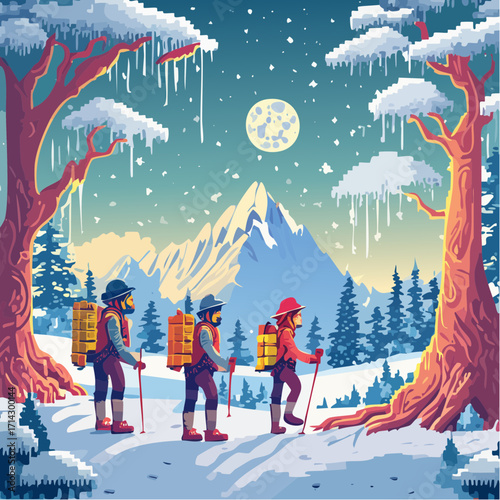 Winter Hiking Adventure Trekking Through a Snowy Wonderland Under the Moonlight