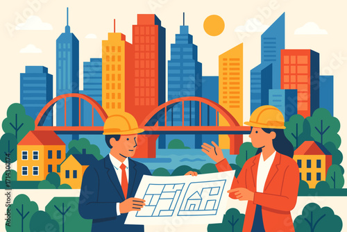 Urban Architecture and Construction Planning – Engineers with Blueprint in Modern City