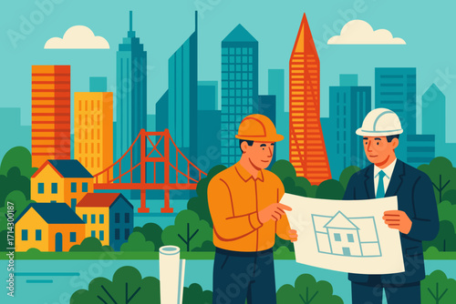 Urban Architecture and Construction Planning – Engineers with Blueprint in Modern City
