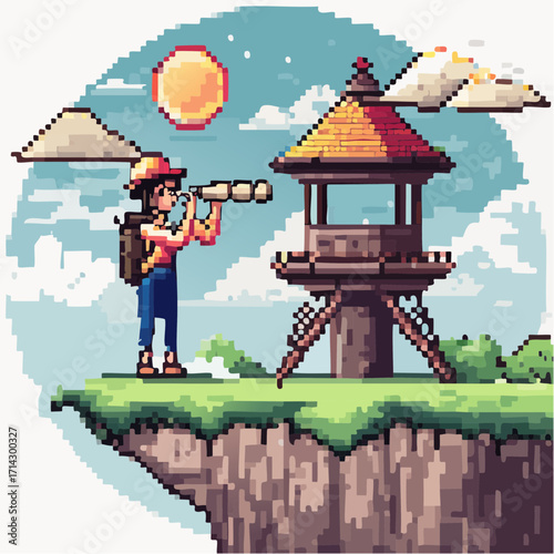A pixel art adventurer at a clifftop lookout tower, enjoying the view after a scenic hiking expedition