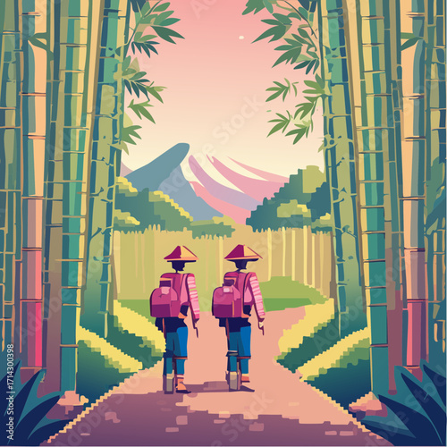 Two hikers explore a serene bamboo forest, mountain backdrop, engaging in outdoor hiking adventure