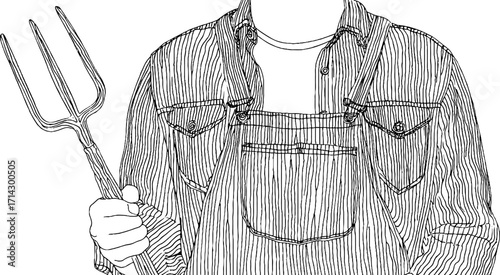 Black and white line art of farmer with pitchfork - design for print, card, poster