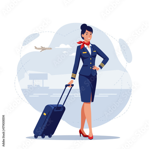A stylish flat design vector illustration of a female flight attendant pulling a rolling suitcase