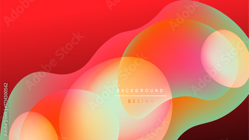 Abstract fluid shapes overlap, creating vibrant color gradients. Red dominates, blending into orange, yellow, green hues. Modern design element.