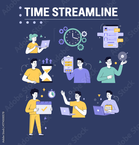 Time management set. Characters using scheduling tools to manage, prioritize, delegate tasks. Business and organization concept. Vector illustration.