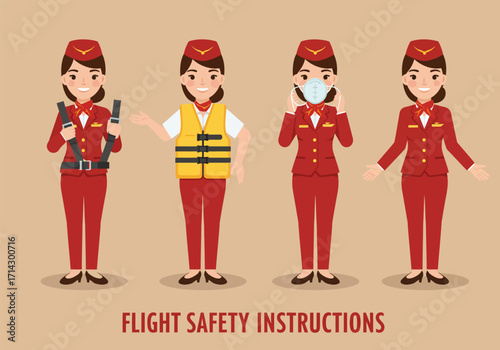Vector illustration depicting a sequence of four flight safety instructions, presented by a female flight attendant