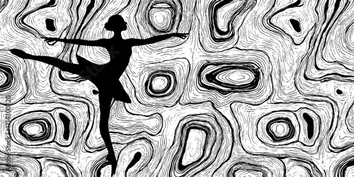 Elegant ballerina silhouette dancing against abstract black and white pattern