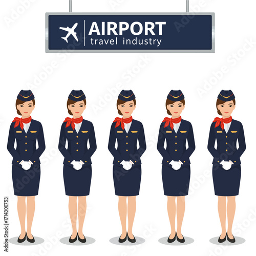 Vector illustration featuring five female flight attendants standing in a straight line