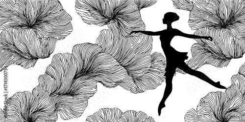 Elegant ballerina silhouette amidst floral line art patterns in black and white