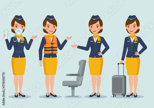 A vector illustrations a cheerful female flight attendant demonstrating various actions related to flight safety and service