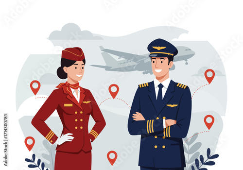 Vector illustration featuring an airline pilot and flight attendant