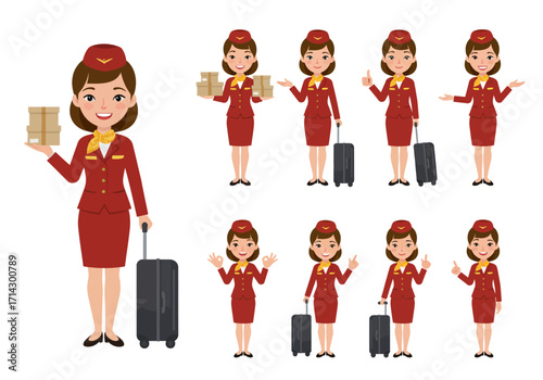Vector illustrations female flight attendant, presented in various poses and actions