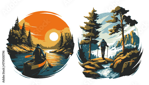 Scenic Outdoor Adventure with Boat and Hiker Surrounded by Nature