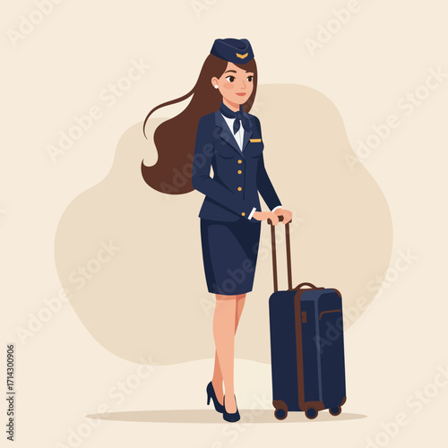 A graceful flat design vector illustration of a female flight attendant
