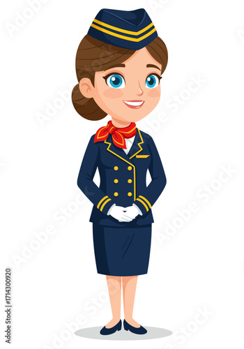A cheerful flat design vector illustration of a female flight attendant