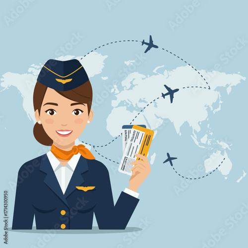A professional friendly female flight attendant, vector illustration
