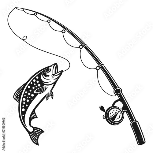 Vector illustration of a fishing rod and fish with a lure, hook, and wobbler for angling sport